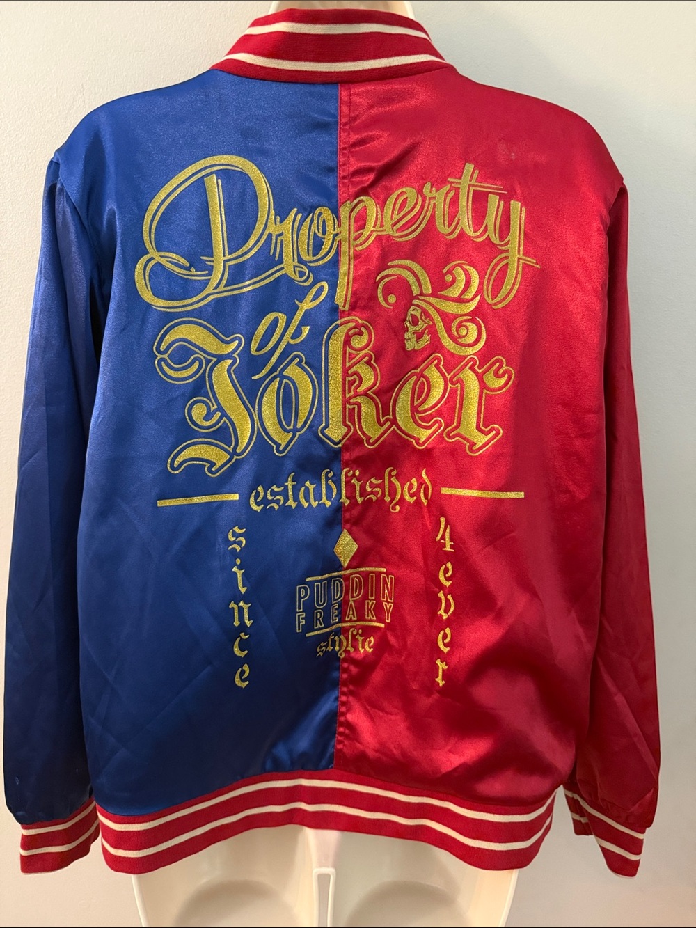 DC Comics Harlequin Satin Bomber Jacket - Blue & Red with Gold Embroidery